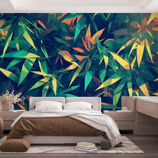 Une chambre moderne avec un papier peint tropical aux motifs géométriques de feuilles vertes et jaunes sur fond sombre, créant une ambiance vivante et apaisante.