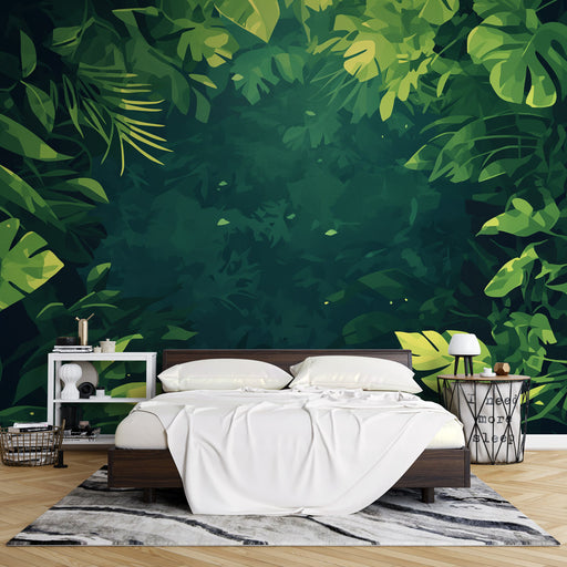 Une chambre moderne avec un papier peint tropical vert foncé illustrant de grandes feuilles exotiques, créant une ambiance naturelle et apaisante.