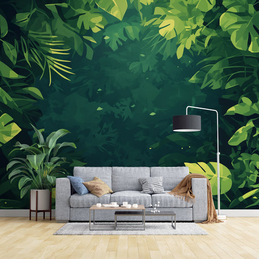 Un salon moderne avec un papier peint tropical représentant de grandes feuilles vertes sur fond sombre, créant une ambiance fraîche et vivifiante.