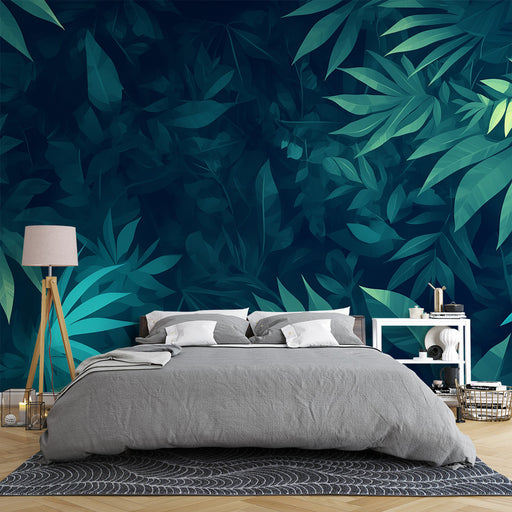 Une chambre moderne avec un papier peint tropical aux nuances de bleu et vert, représentant des feuilles luxuriantes qui créent une ambiance apaisante et naturelle.