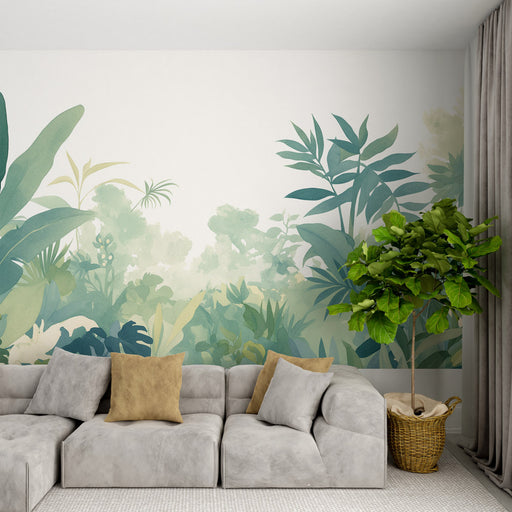 Un salon moderne avec un papier peint tropical aux teintes vertes et bleues, représentant une végétation luxuriante qui crée une ambiance apaisante et naturelle.