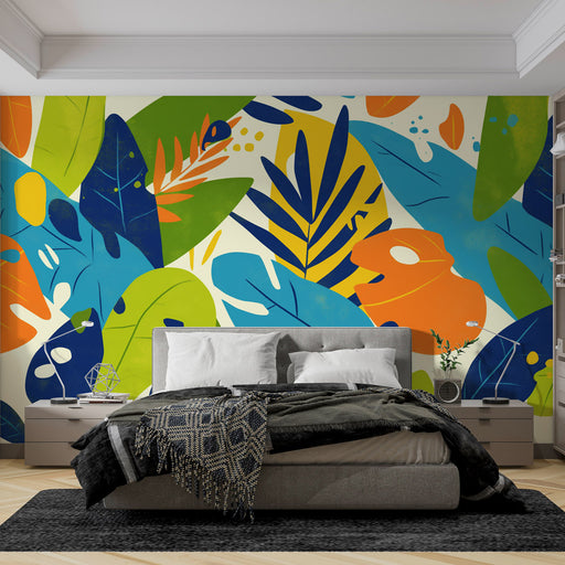 Une chambre moderne avec un papier peint tropical aux motifs colorés de feuillages stylisés, créant une ambiance vivante et dynamique.