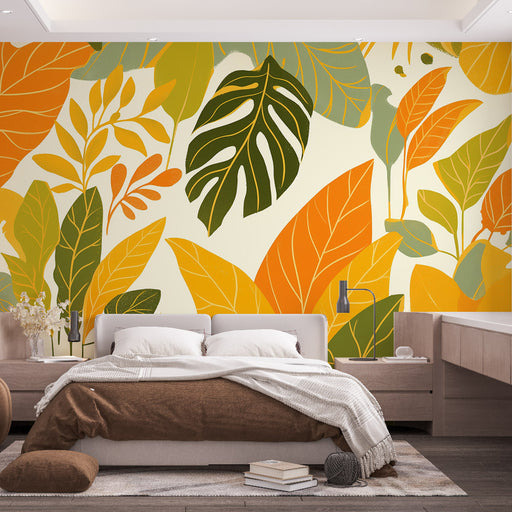 Une chambre apaisante avec un papier peint aux motifs de grandes feuilles dans des teintes chaudes d'orange, vert et jaune, créant une atmosphère naturelle et accueillante.