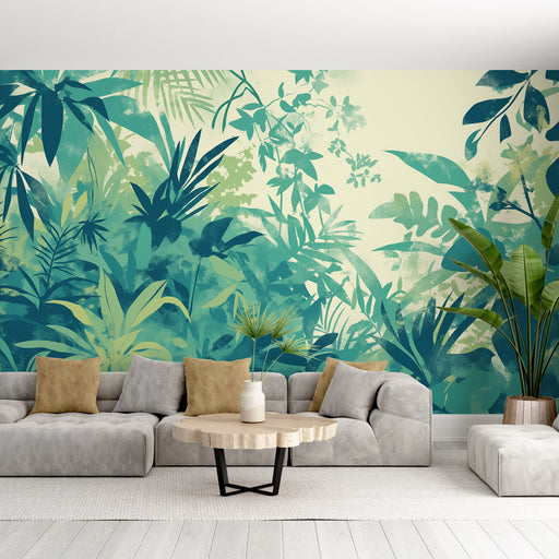 Un salon moderne avec un papier peint tropical aux nuances de vert et bleu, représentant une végétation luxuriante qui crée une atmosphère apaisante et vivifiante.