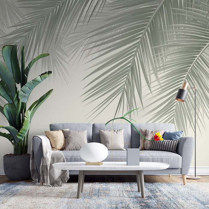 Papier peint feuilles de palmiers | Vert sur fond pastel