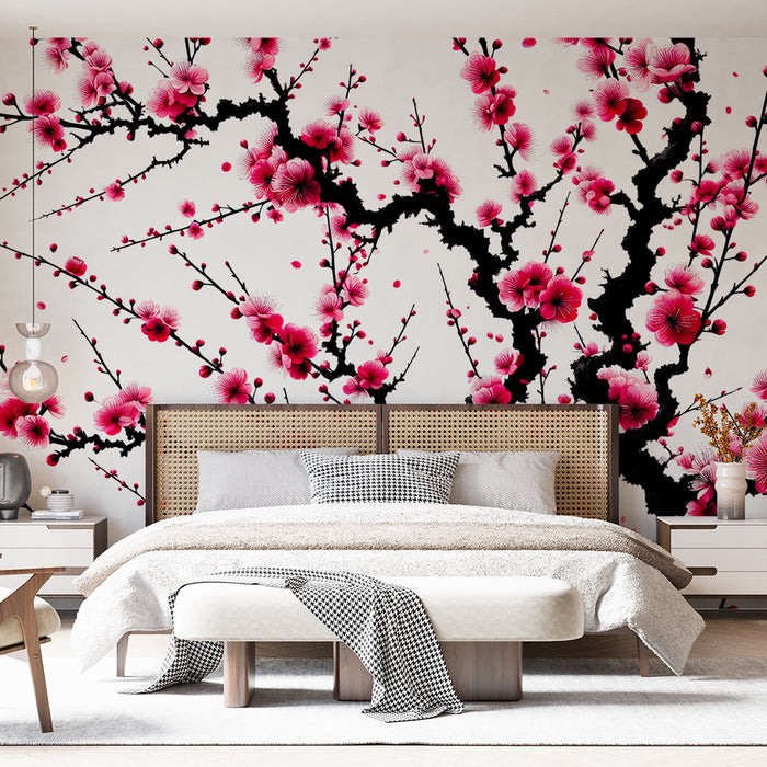 Papier peint fleurs cerisier rouge | Style japonais sur fond blanc