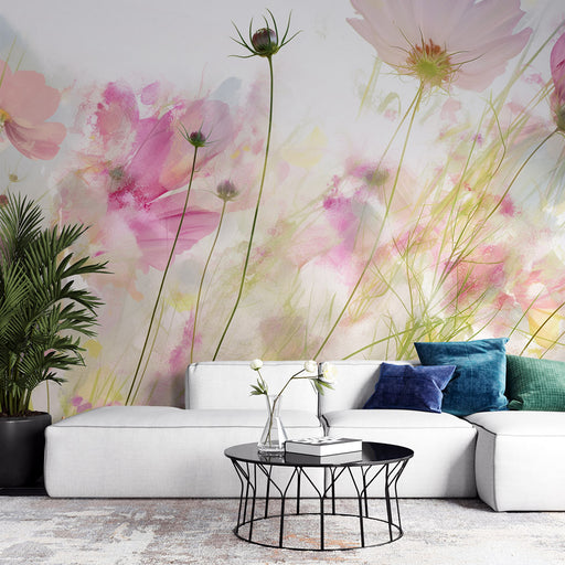 Un salon élégant avec un papier peint floral aux teintes douces de rose et de vert, créant une atmosphère apaisante et romantique.