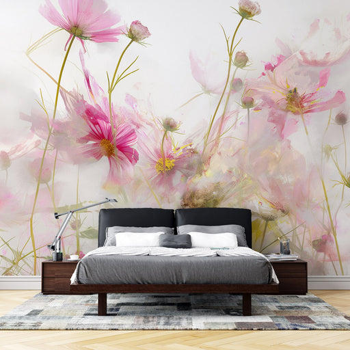 Une chambre moderne avec un papier peint floral aux teintes douces de rose et de jaune, créant une atmosphère romantique et apaisante.