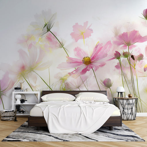Une chambre lumineuse avec un papier peint floral aux teintes douces de rose et blanc, créant une ambiance romantique et apaisante.