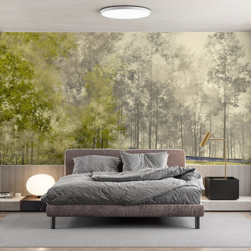 Une chambre moderne avec un papier peint représentant une forêt brumeuse aux nuances de vert et beige, créant une atmosphère apaisante et naturelle.