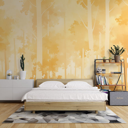 Une chambre lumineuse avec un papier peint représentant une forêt aux teintes jaunes douces, créant une atmosphère chaleureuse et apaisante.