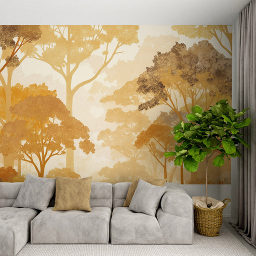 Un salon moderne avec un papier peint aux motifs d'arbres dans des teintes chaudes de beige et d'orange, créant une ambiance douce et naturelle.