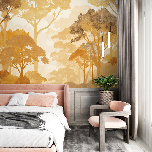 Une chambre moderne avec un papier peint évoquant une forêt automnale aux teintes chaudes d'orange et de beige, créant une atmosphère apaisante et chaleureuse.