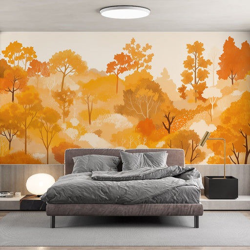 Une chambre moderne avec un papier peint représentant une forêt automnale aux nuances orange et dorées, créant une atmosphère chaleureuse et accueillante.