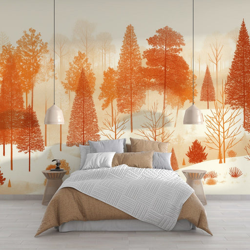 Une chambre chaleureuse avec un papier peint représentant des arbres aux teintes orangées sur fond clair, créant une ambiance apaisante et naturelle.
