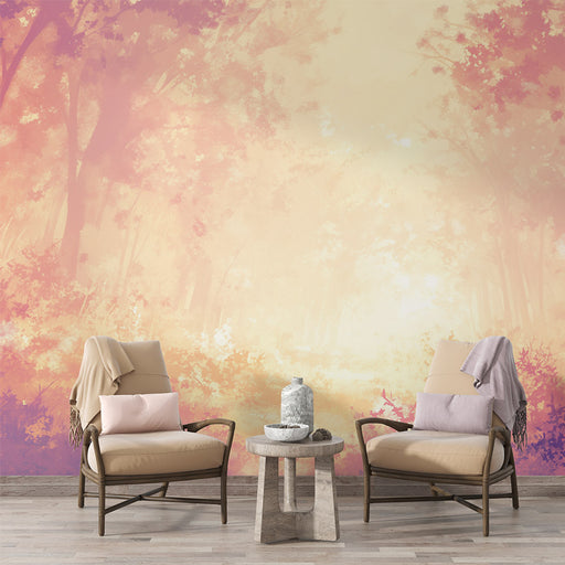 Une pièce lumineuse avec un papier peint représentant un paysage forestier aux teintes douces de rose et de beige, créant une atmosphère apaisante et rêveuse.