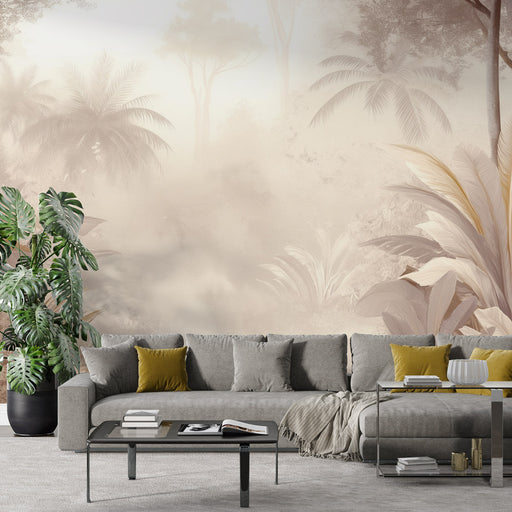 Un salon contemporain avec un papier peint tropical aux nuances douces de beige et de rose, représentant une végétation luxuriante et apaisante.