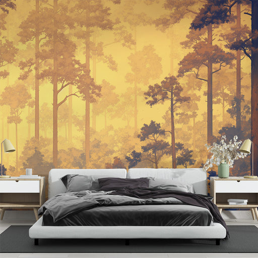 Une chambre moderne avec un papier peint représentant une forêt aux teintes jaunes et orangées, créant une atmosphère chaleureuse et apaisante.