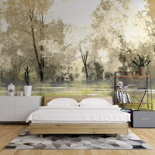 Une chambre lumineuse avec un papier peint représentant un paysage naturel en nuances de beige et vert, créant une atmosphère apaisante et sereine.