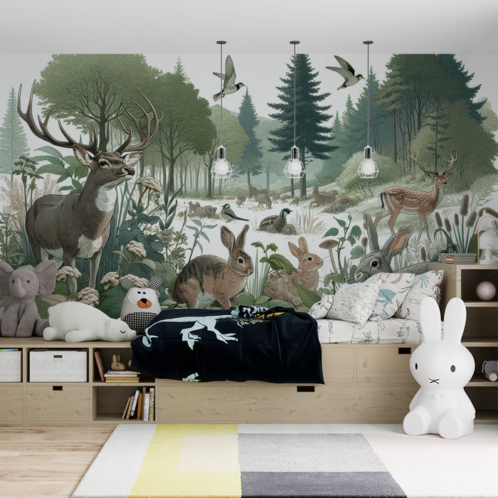 Papier peint forêt | Cerf, lapin et animaux de la forêt en cohésion