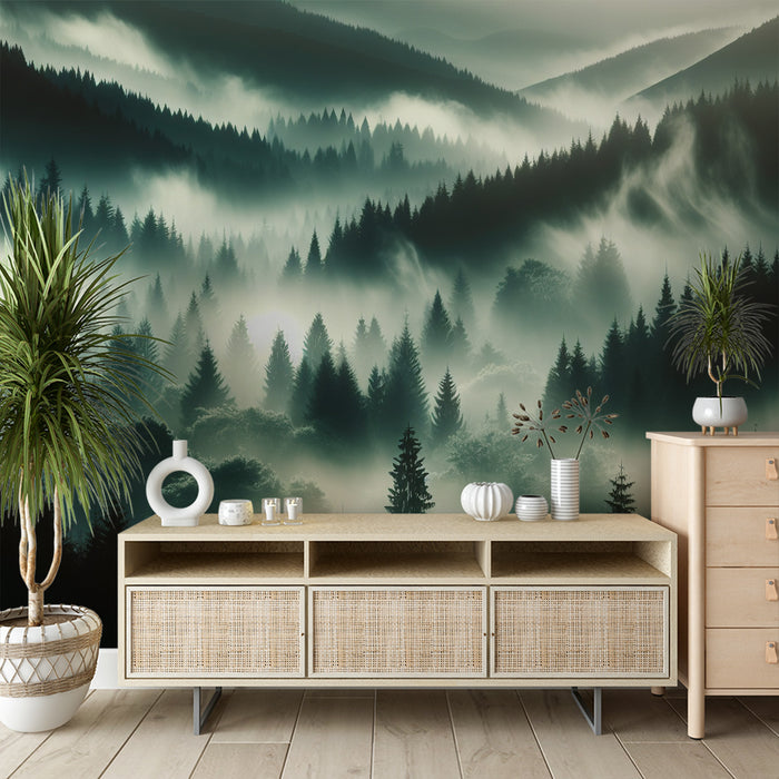 Papier peint forêt | Vallée brumeuse de sapins et d'arbres divers
