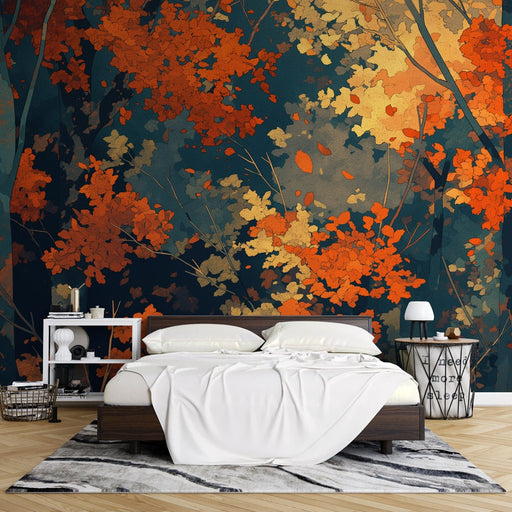 Une chambre moderne avec un papier peint aux motifs de feuilles d'automne orange et dorées sur fond bleu nuit, créant une ambiance chaleureuse et accueillante.