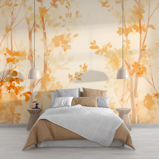Une chambre lumineuse avec un papier peint floral aux teintes orangées et dorées, évoquant une atmosphère chaleureuse et naturelle.