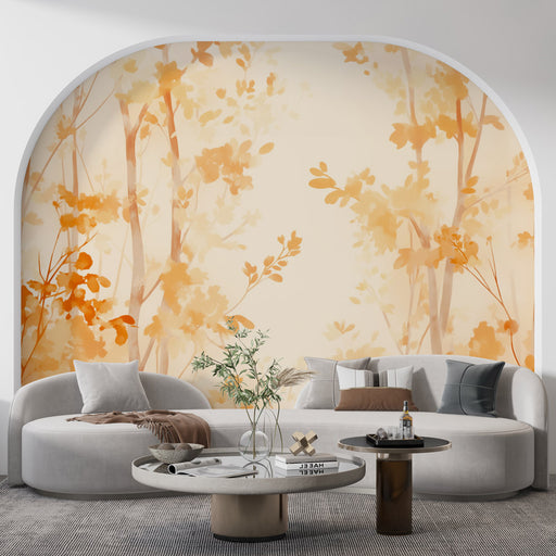 Un salon moderne avec un papier peint floral aux teintes orangées et jaunes, évoquant une ambiance chaleureuse et apaisante.