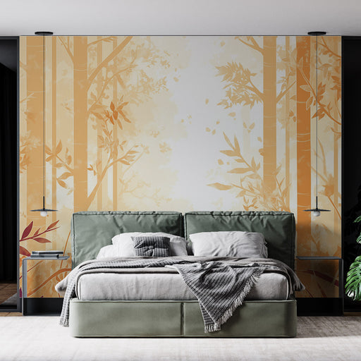 Une chambre moderne avec un papier peint aux teintes douces d'orange et de beige, représentant des arbres stylisés et des feuilles, créant une atmosphère chaleureuse et apaisante.