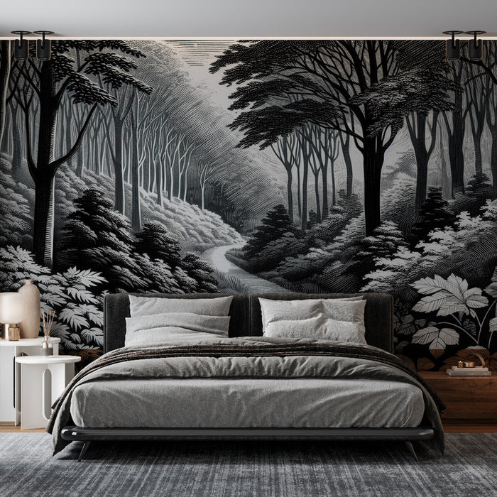Papier peint forêt noir et blanc | Chemin de terre vers le fond de la forêt