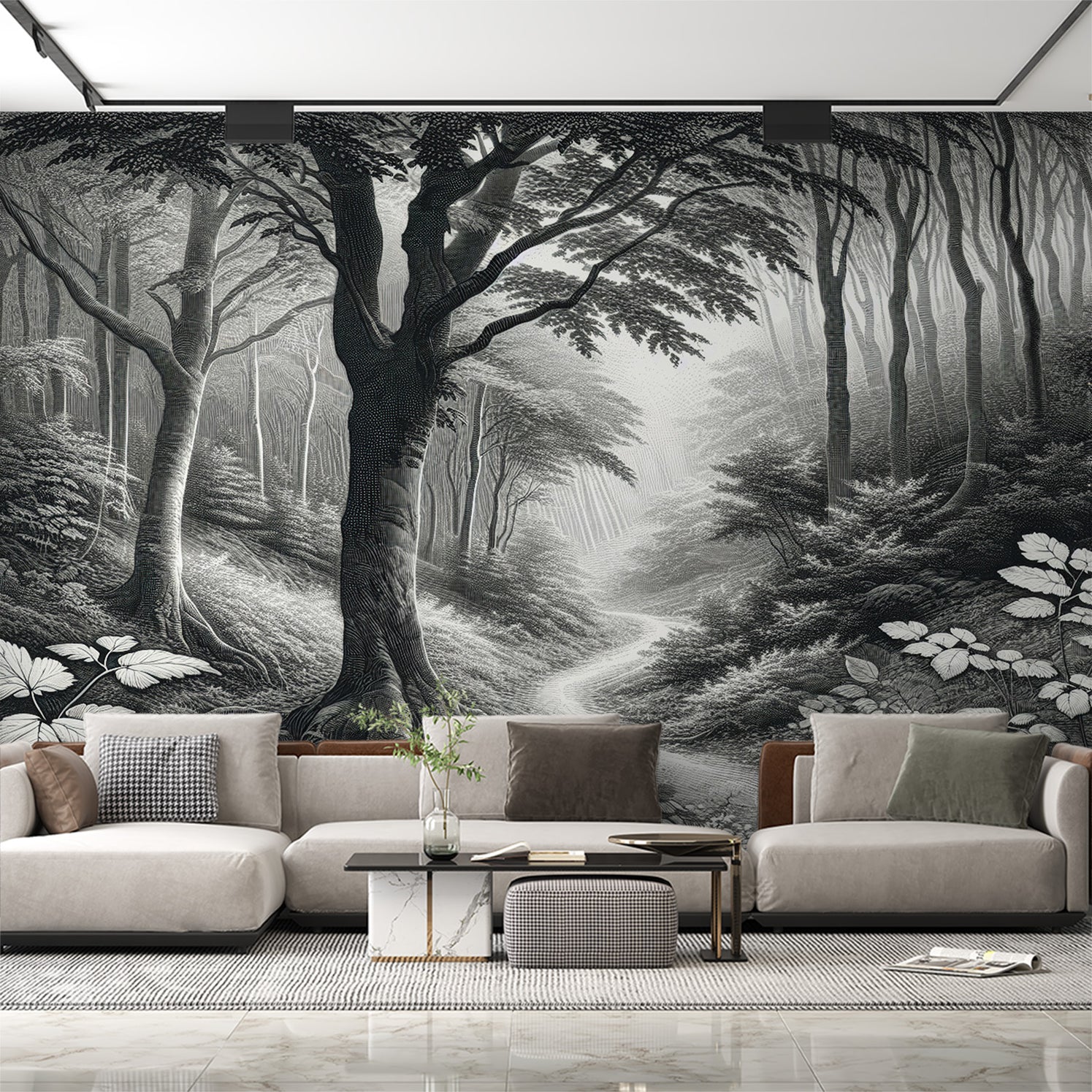 Papier peint forêt mystique noir et blanc
