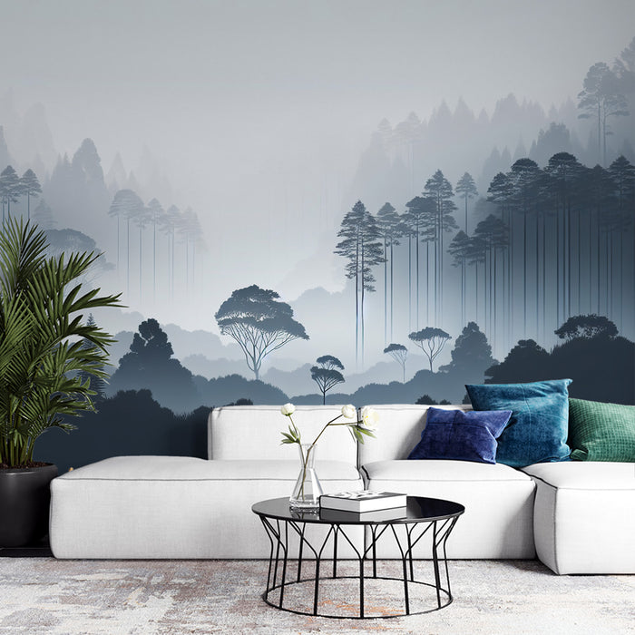 Papier peint forêt noir et blanc | Silhouette d'une forêt brumeuse