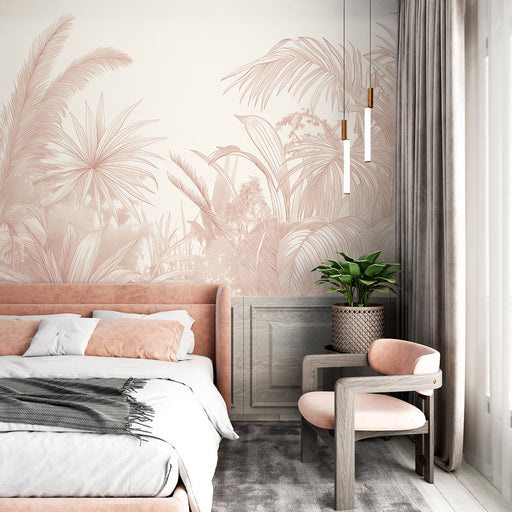 Une chambre élégante avec un papier peint tropical aux motifs de feuillage rose pâle sur fond clair, créant une atmosphère douce et apaisante.