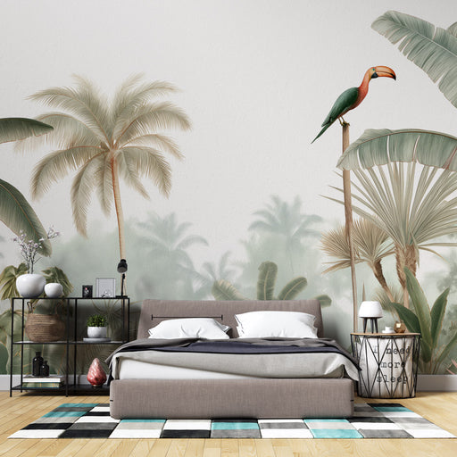Une chambre moderne avec un papier peint tropical illustrant des palmiers et un toucan coloré, créant une atmosphère apaisante et exotique.