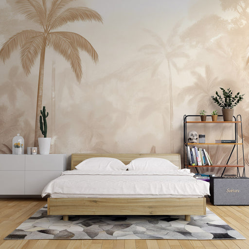 Une chambre moderne avec un papier peint représentant des palmiers dans des teintes douces, créant une atmosphère apaisante et tropicale.