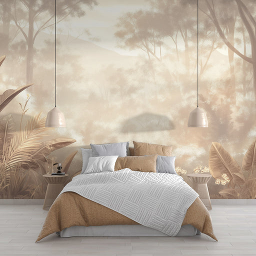 Une chambre apaisante avec un papier peint représentant une forêt brumeuse aux teintes douces, créant une atmosphère sereine et naturelle.