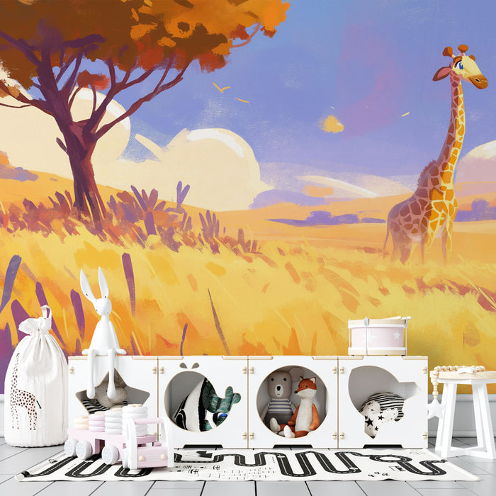 Papier peint girafe | Panoramique pastel