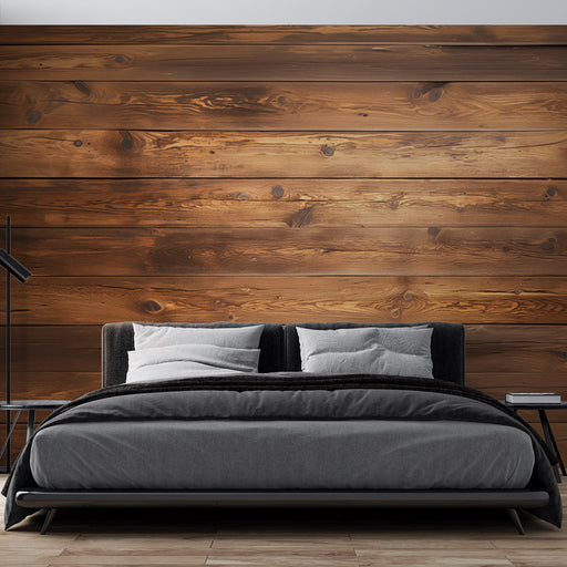Une chambre moderne avec un papier peint imitant des planches de bois naturel, créant une ambiance chaleureuse et accueillante.