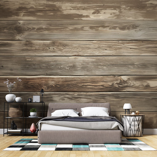 Une chambre moderne avec un papier peint imitant des planches de bois vieilli, créant une atmosphère chaleureuse et naturelle.