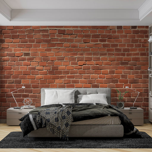 Une chambre moderne avec un papier peint imitant un mur de briques rouges, créant une ambiance chaleureuse et industrielle.