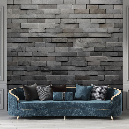 Un salon élégant avec un papier peint imitant des briques en nuances de gris, créant une atmosphère moderne et chaleureuse.