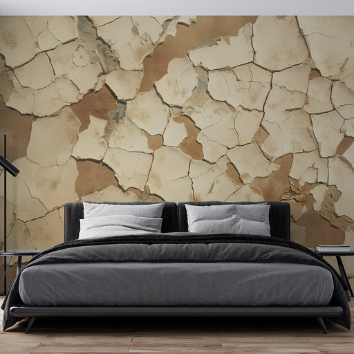 Une chambre moderne avec un papier peint texturé imitant des murs craquelés aux teintes beige et marron, créant une ambiance chaleureuse et artistique.