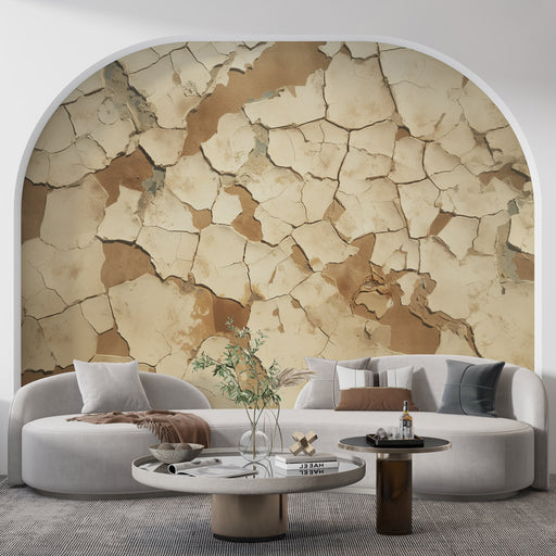 Un salon contemporain avec un papier peint texturé imitant des murs craquelés aux teintes beige et brun, créant une atmosphère chaleureuse et authentique.