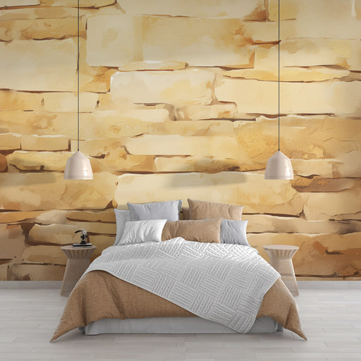 Une chambre moderne avec un papier peint imitant des murs en pierre beige aux nuances chaleureuses, créant une atmosphère accueillante et naturelle.