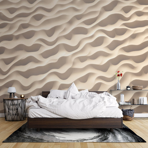 Une chambre moderne avec un papier peint texturé beige aux ondulations douces créant une ambiance chaleureuse et apaisante.