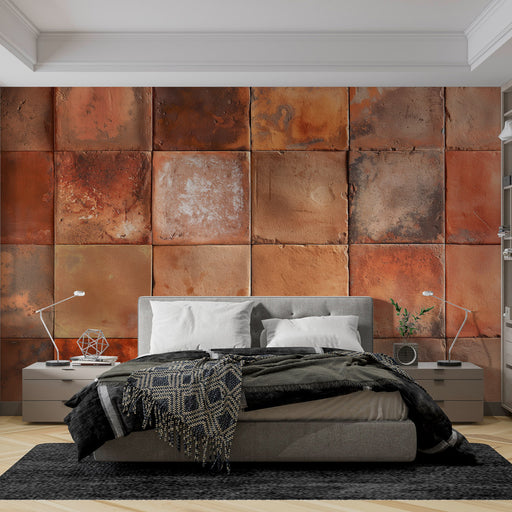 Une chambre moderne avec un papier peint imitant des carreaux en terre cuite aux teintes chaudes et naturelles, créant une atmosphère chaleureuse et accueillante.