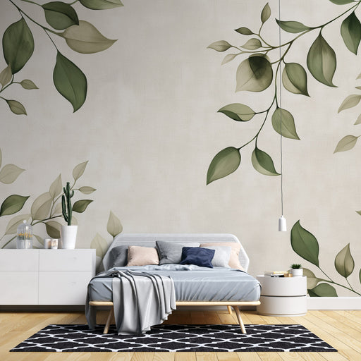 Une chambre moderne avec un papier peint aux motifs de feuilles délicates dans des teintes vertes sur un fond clair, créant une atmosphère apaisante et naturelle.
