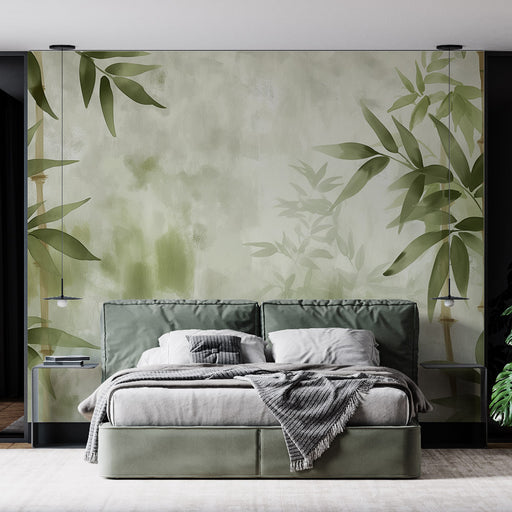 Une chambre moderne avec un papier peint végétal aux nuances vertes et beige, représentant des feuilles délicates, créant une atmosphère apaisante et naturelle.
