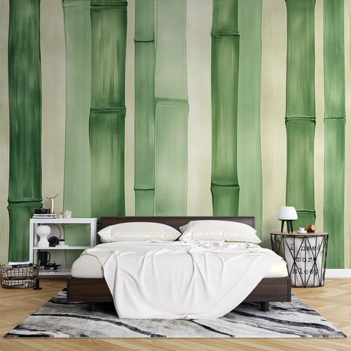 Une chambre moderne avec un papier peint représentant des tiges de bambou vertes sur fond clair, créant une ambiance apaisante et naturelle.