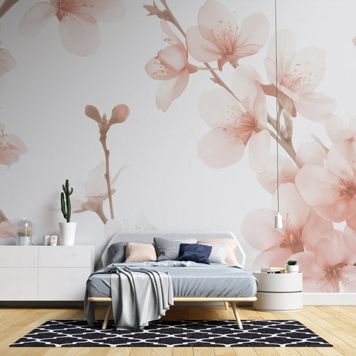 Une chambre moderne avec un papier peint floral aux délicates fleurs roses sur fond clair, créant une atmosphère douce et apaisante.